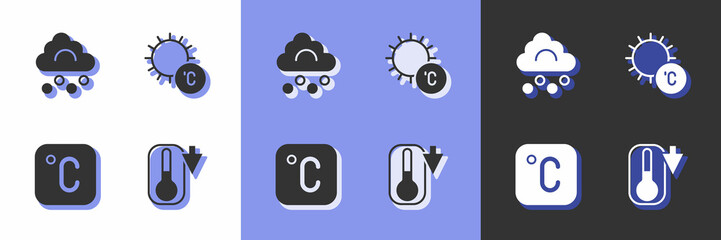 Set Thermometer, Hail cloud, Celsius and Sun icon. Vector