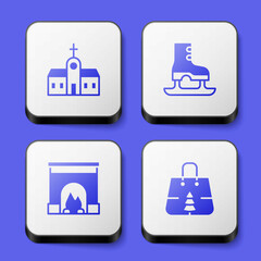 Set Church building, Skates, Interior fireplace and Christmas shopping bag icon. White square button. Vector