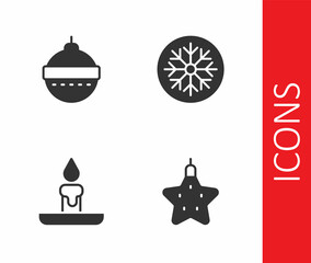 Fototapeta na wymiar Set Christmas star, ball, Burning candle and Snowflake icon. Vector