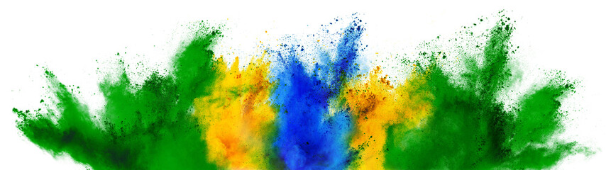colorful brazilian flag green yellow blue color holi paint powder explosion isolated white background. brazil rio de janeiro carnival qatar and celebration soccer travel tourism concept