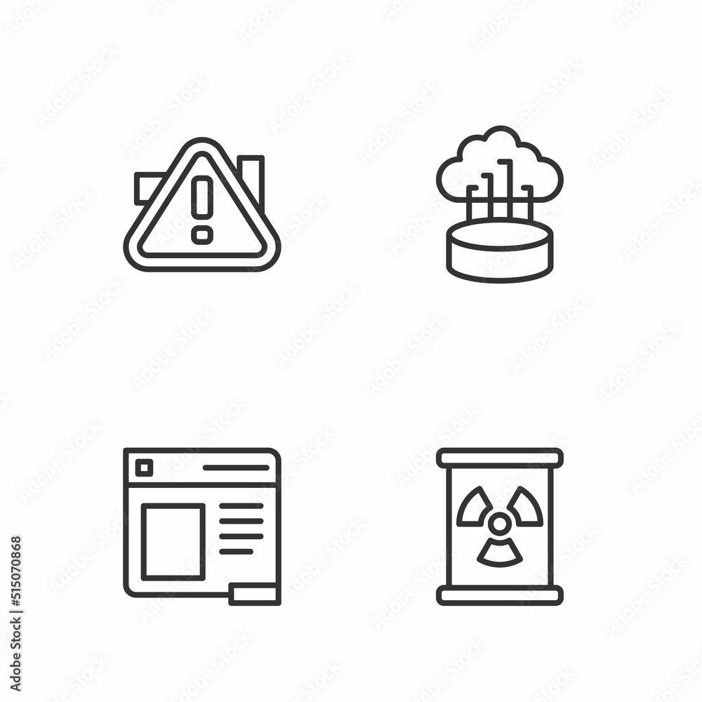 Poster set line radioactive waste in barrel, browser window, exclamation mark triangle and network cloud co