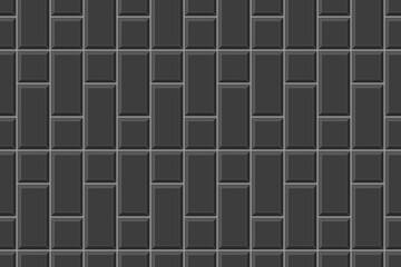 Black rectangle and square tile vertical layout. Ceramic or brick wall seamless pattern. Kitchen backsplash or bathroom floor mosaic background. Vector flat illustration.