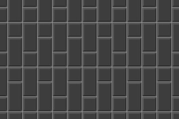 Black rectangle and square tile vertical layout. Ceramic or brick wall seamless pattern. Kitchen backsplash or bathroom floor mosaic background. Vector flat illustration.