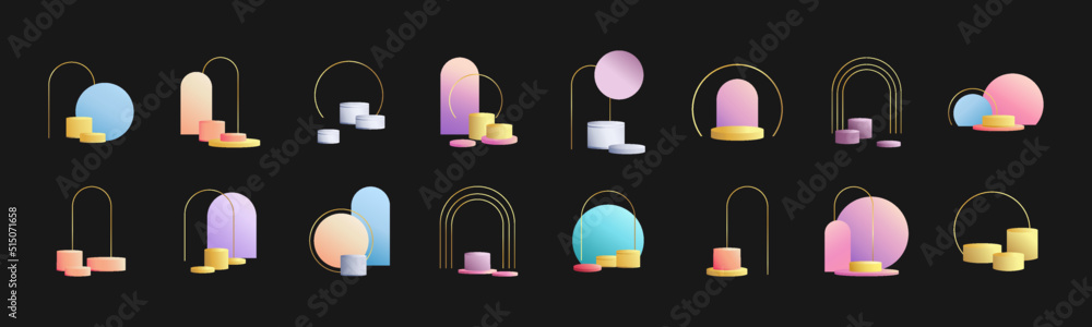 Poster set of product podium in pastel colors with a minimalist style. trendy design element to display cosmetic products. feminine 3D objects in a clean and simple design