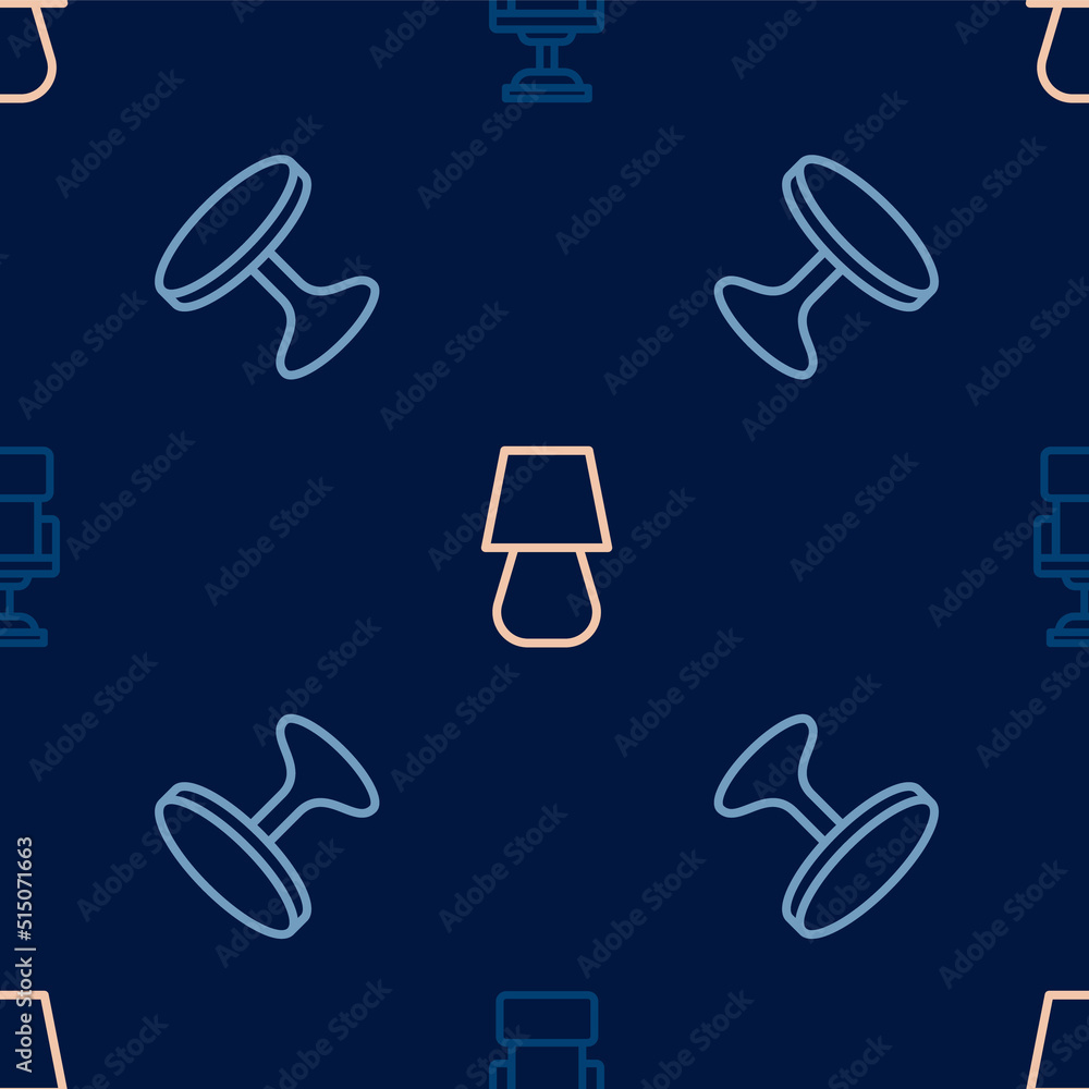 Poster set line office chair, round table and table lamp on seamless pattern. vector