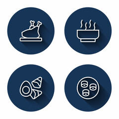 Set line Roasted turkey or chicken, Ramen soup bowl, Chicken egg with vegerables and Sushi with long shadow. Blue circle button. Vector