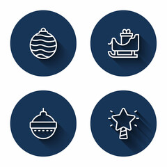 Set line Christmas ball, santa claus sleigh, and star with long shadow. Blue circle button. Vector