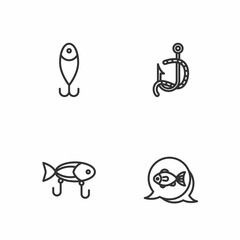 Set line Fish, Fishing lure, and hook and worm icon. Vector