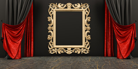 3D render of gold frame in room, An empty frame in a black wall interior with black and red curtains.