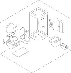 Bathroom vector set, set of furniture of 16 items, shower, mirror