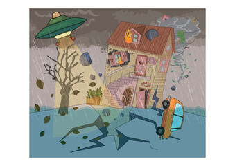 desastre, ilustración,ambiente, ovni, carro, lluvia, inundación, fuego, huracan, huracan, arbol, grieta, roto