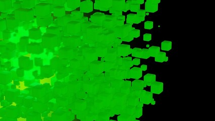 Randomly placed green cubes with blue illumination under green-black background. Concept 3D illustration of block chain, metabase technology and data mining.