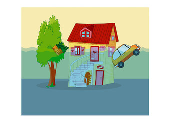 Inundación - aluvión - arroyada - rebosamiento - crecida - desbordamiento - drenaje - raudal - riada - riego- ilustración- carro, casa, dibujo, agua