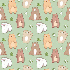 Seamless Pattern with Cartoon Bear and Leaf Design on Green Background