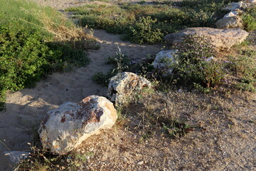 Large stones in a city park on the shores of the Mediterranean Sea