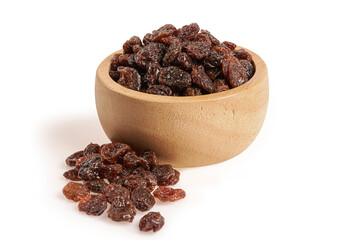 Raisin in wooden bowl on white background.