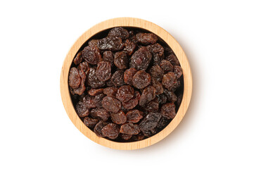 Raisin in wooden bowl isolated on white background. top view
