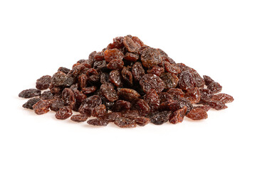 Pile of raisins isolated on white background.