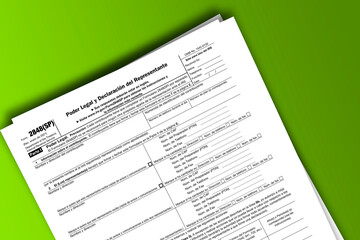 Naklejka premium Form 2848 (SP) documentation published IRS USA 44503. American tax document on colored
