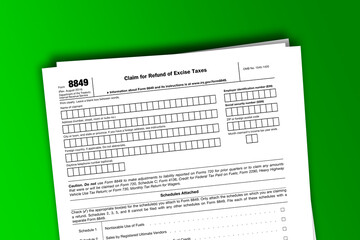 Naklejka premium Form 8849 documentation published IRS USA 08.21.2014. American tax document on colored