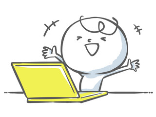 黄色いノートパソコンの前で大喜びの白い人