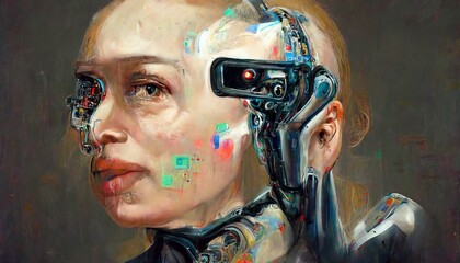 AI artist artificial intelligence system that can create images and art from a description, text to image generator, art making robot AI, Conceptual illustration