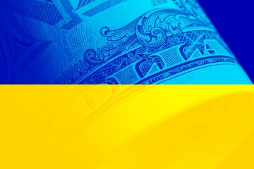 The currecity dollar is tinted in the color of the Ukrainian flag. The concept of financial