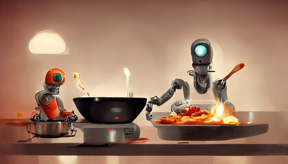 Robot chef cook using AI artificial intelligence for cooking and food preparation, Conceptual illustration