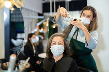 Skillful woman hair stylist wearing face mask making haircut to aged female client in hairdressing...