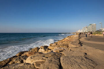Tel Aviv seafront, beach in Tel Aviv city, Israel