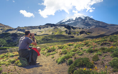 travel photographer portraying the Lanín volcano, in Patagonia, Argentina
