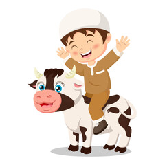 Cute muslim boy cartoon celebrating Eid al Adha with cow
