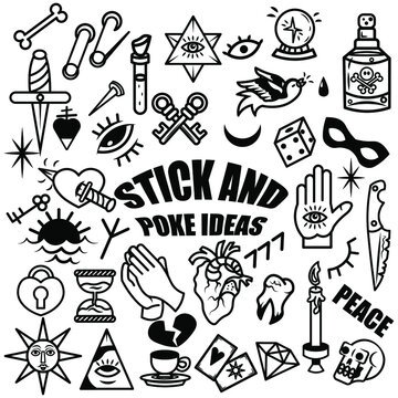 Flat vector illustration of stick and poke ideas. 