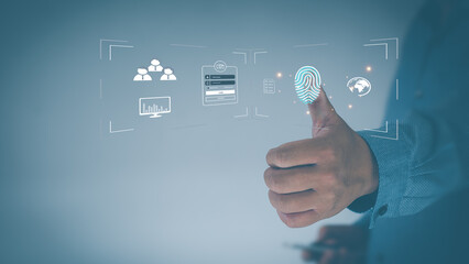 Usiness people touch Virtual screen to scan fingerprints, data management concepts, big data, business processes, automated operations, various storage systems, cloud computing.