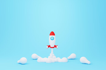 Creative thinking ideas and innovation concept. Rocket flying on blue background and white light bulb. 3d render illustration