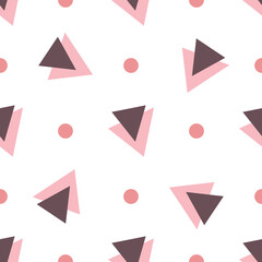 Simple geometric pattern with pink and brown triangles on white background for the design of textiles, bed linen, child clothing, wrapping paper. 