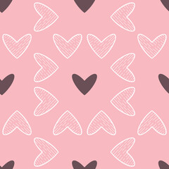 Romantic pattern with doodle hearts on white background for the design of textiles, bed linen, child clothing, wrapping paper. 