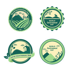 5th june celebration of environment day label or banner spherical character mountain and tree image isolated on bottle green background.