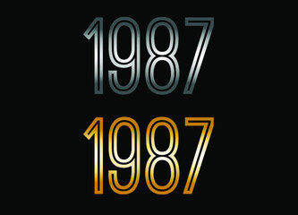 1987 year set. Year in silver metal and golden gold for anniversary date on black background.
