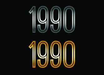1990 year set. Year in silver metal and golden gold for anniversary date on black background.