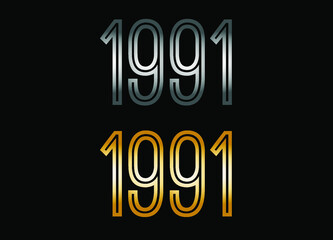 1991 year set. Year in silver metal and golden gold for anniversary date on black background.