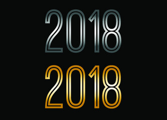 2018 year set. Year in silver metal and golden gold for anniversary date on black background.