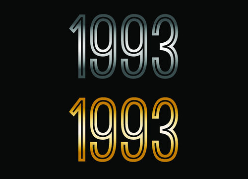 1993 year set. Year in silver metal and golden gold for anniversary date on black background.