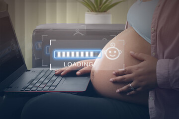 Concept maternity, pregnant woman watching on laptop loading bars 8 months