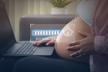 Concept maternity, pregnant woman watching on laptop download, bars 9 months