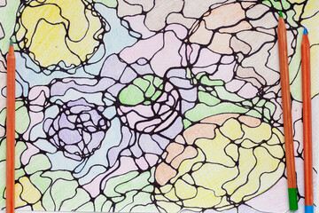 Abstract neurographic drawing with markers and colored pencils. Mental health, a modern method of...