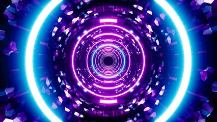 Mosaic pattern neon tunnel with glowing circle lights