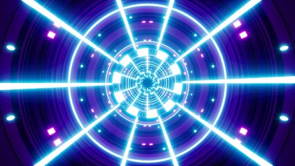 Tunnel background with glowing blue neon ray lamps