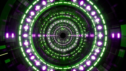 Green futuristic cyber tunnel with glowing purple lights