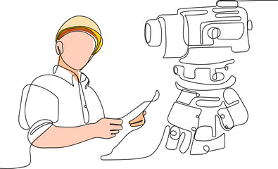 Close up of young Caucasian worker with helmet on head using tablet for work while standing in warehouse. Surveyor with a tripod icon. Geodesic tripod. Vector illustration